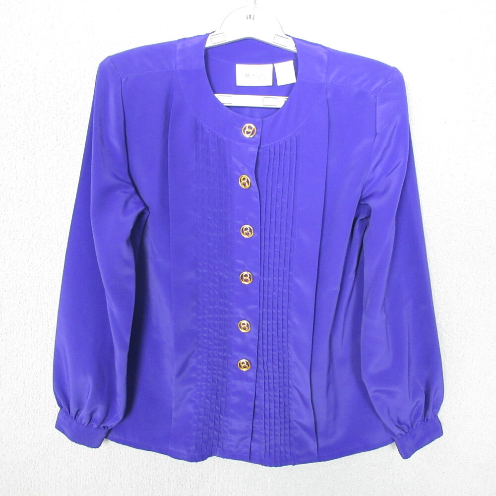 Worthington Blouse Womens Size 2P Purple Pleated Gold Buttons Professional